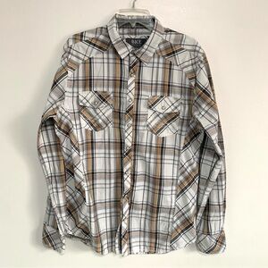 BKE Long Sleeve Plaid Shirt, Button Down Pearl snap, white gray tan rust black